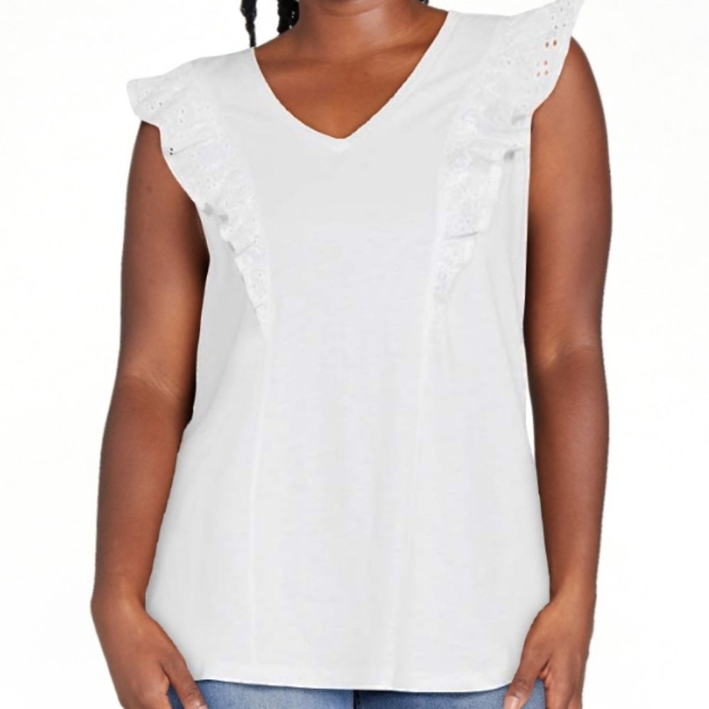 Tee V-Neck Top Plus Size Ruffled relaxed fit v-neck statement sleeve cascading